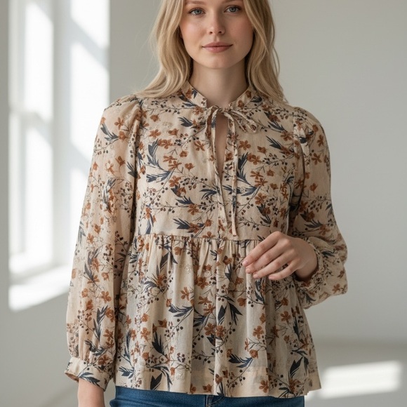 Dear John Tops - Dear John Floral Babydoll Blouse – Cream Floral – Size XS